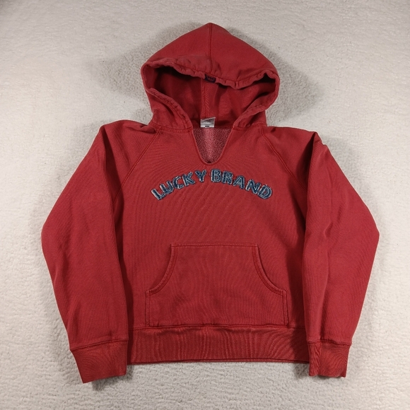 Lucky Brand Tops - Vintage Lucky Brand Hoodie Womens XL Red Spellout Embroidered Denim Y2K